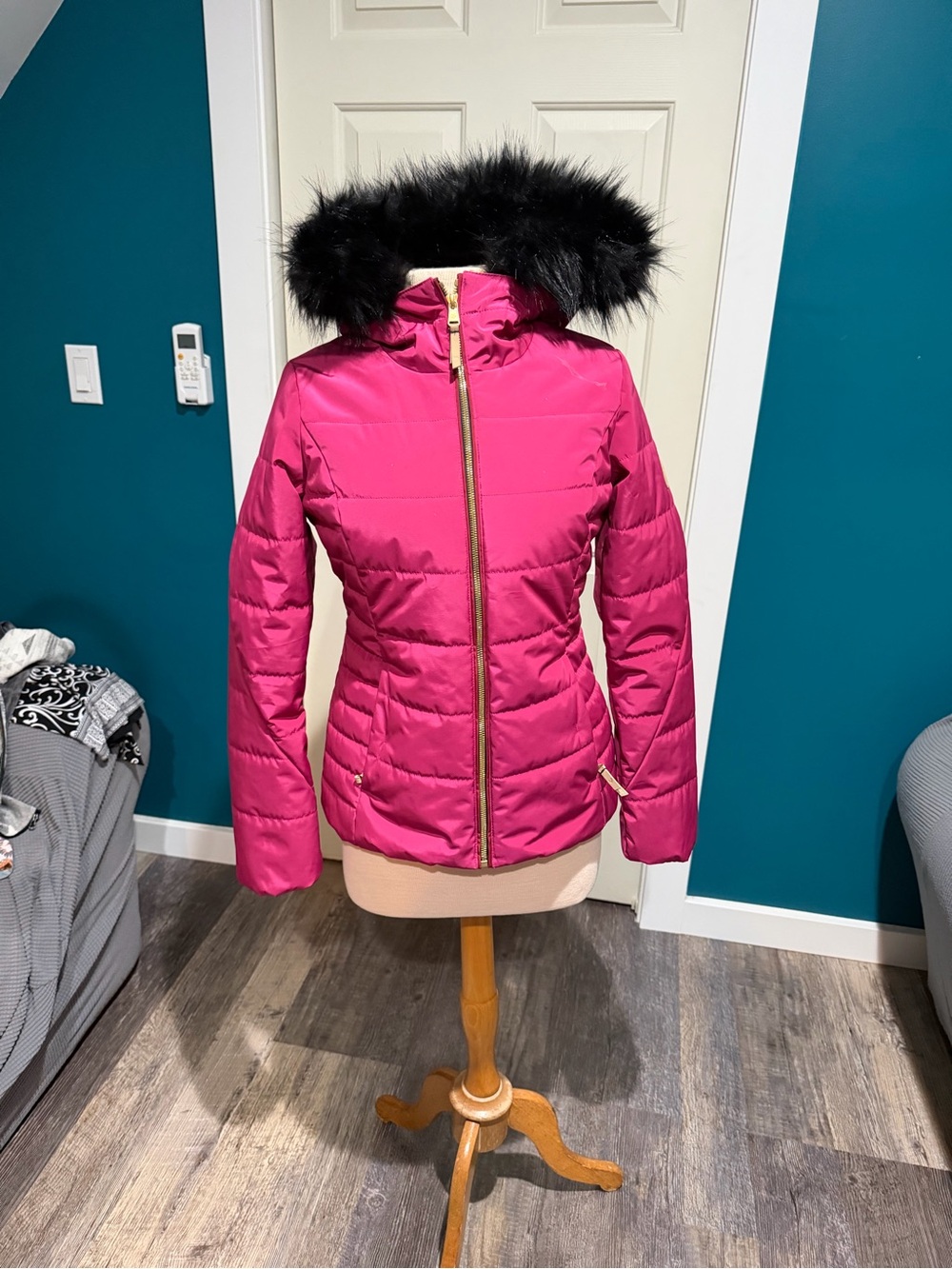 Obermeyer Hot Pink Quilted Puffer Jacket  Waterproof with Black Faux Fur hood
